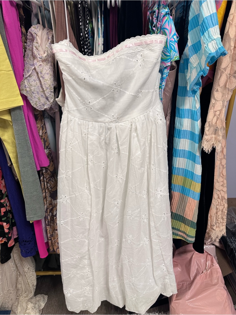 Altar'd State White Strapless Eyelet Midi Dress with Pink Trim